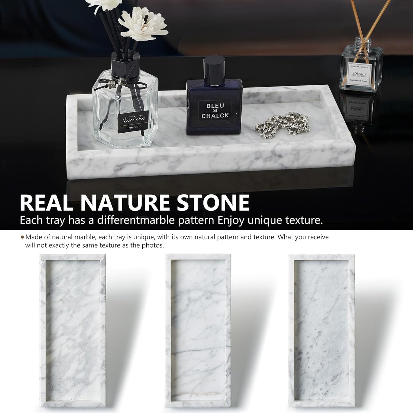 Real Natural Small Marble Tray for Bathroom, Vanity, Kitchen and Desktop, Rectangle Genuine Marble Stone Tray for Jewelry, Cosmetics, Candles, Lotion, Perfume and Home Decor (White, 12" x 5" x 1.2")