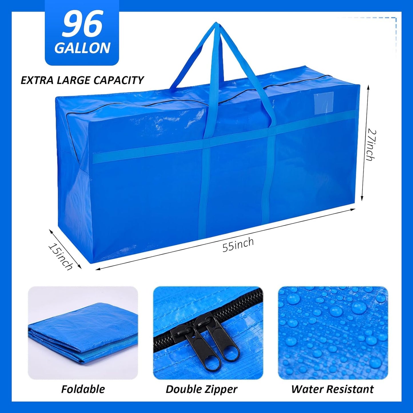 4 Pcs 96 Gallon Large Moving Bags with Zipper and Handles Foldable Storage Duffle Bags Heavy Duty Extra Large Totes for College Dorm Travel Clothes Blankets Bedding Moving (Blue)