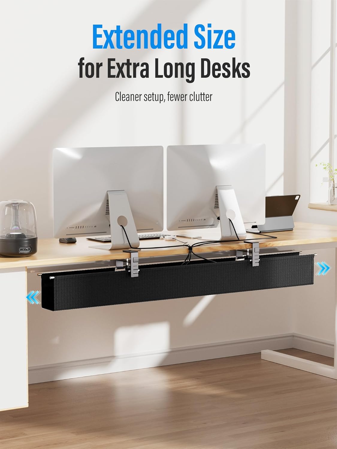 [Upgraded] Large Under Desk Cable Management Tray, Cinati Cable Management Under Desk No Drill, 49.2" Fabric Cord Hider for Wire Organizer, Cord Organizer for Office, Home - Supports Up to 30lbs Black