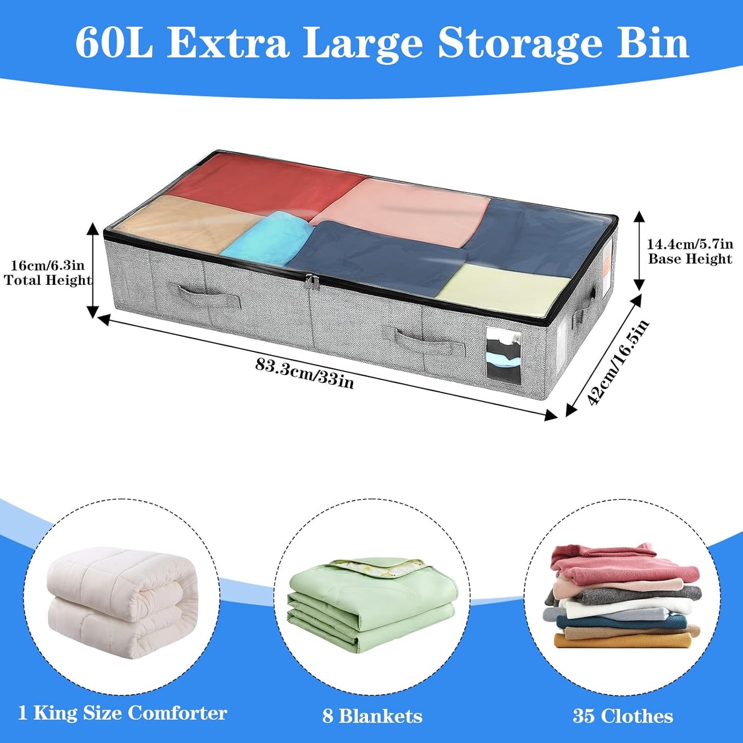 2 Pack Under Bed Storage Bags, Blanket Storage Bag with Clear Window & 4 Handles, 33.4x16.5x6.3 in Comforter Bag Foldable Fabric Organizer for Blankets, Comforters, Clothes, Grey