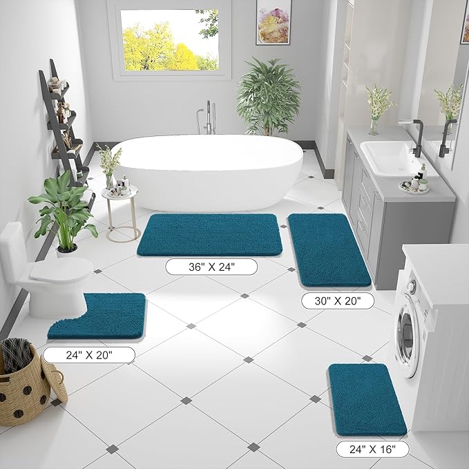 OLANLY Bathroom Rugs 47x17, Extra Soft Absorbent Chenille Bath Rugs, Rubber Backing Quick Dry, Machine Washable Bath Mats for Bathroom Floor, Tub and Shower, Home Decor Accessories, Peacock Blue