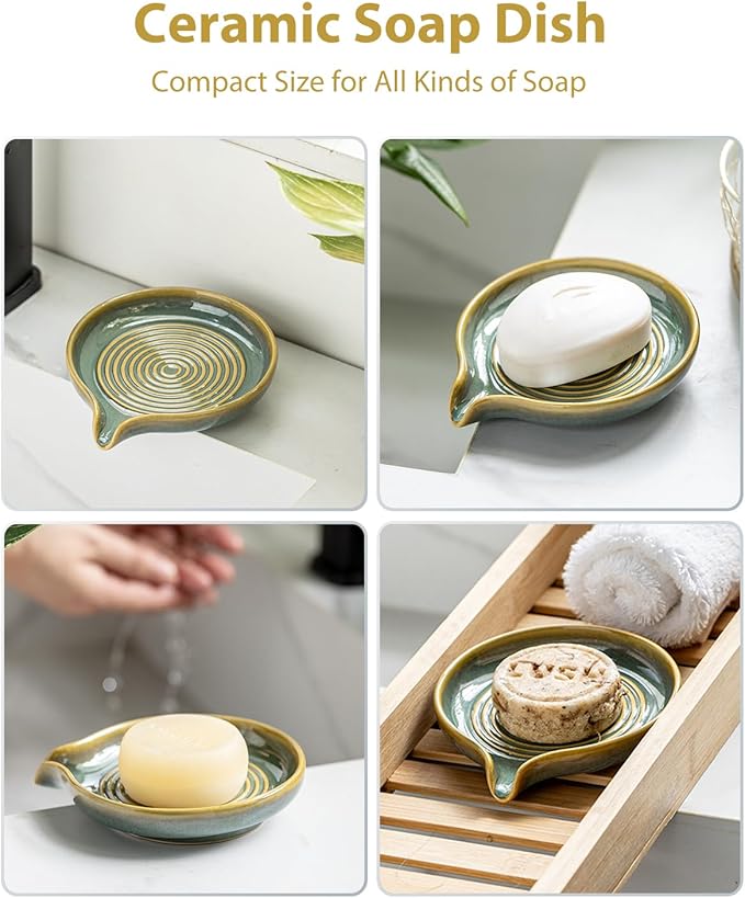 Ceramic Soap Dish, Self Draining Soap Holder Bar Soap Dish for Bathroom Kitchen Counter Soap Saver Tray Keep Soap Bar Dry Easy to Clean, Blue and Green