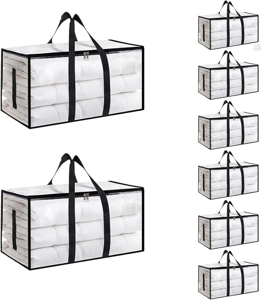 8 Pack-Extra Large Heavy Duty Moving Bags - Waterproof Storage Totes with Handles & Zippers, Foldable for College Dorm, Storage (Clear)