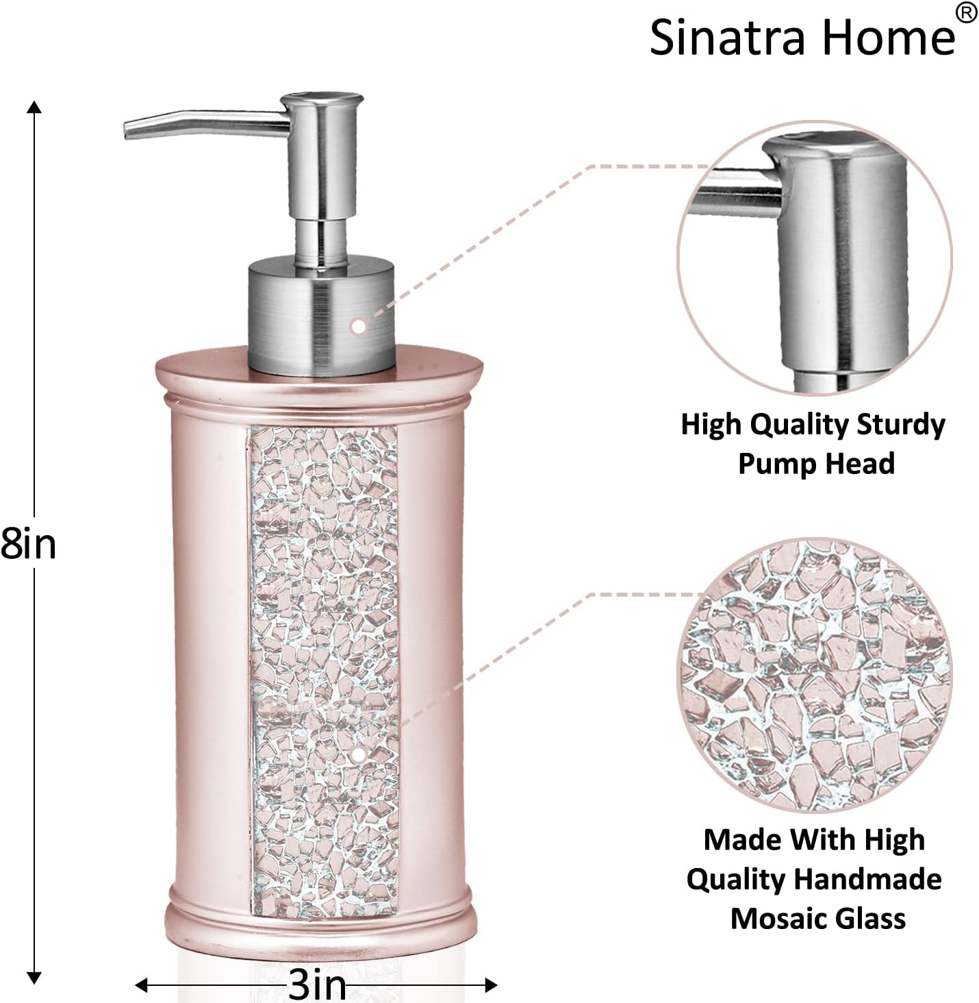 Zahari Home 4pc Sinatra Stylish Bathroom Accessories Set Liquid Soap Dispenser, Tumbler, Tooth Brush Holder and Soap Dish Modern Classic Luxury Decor Bling Mosaic Glass Blush Bathroom Accessories