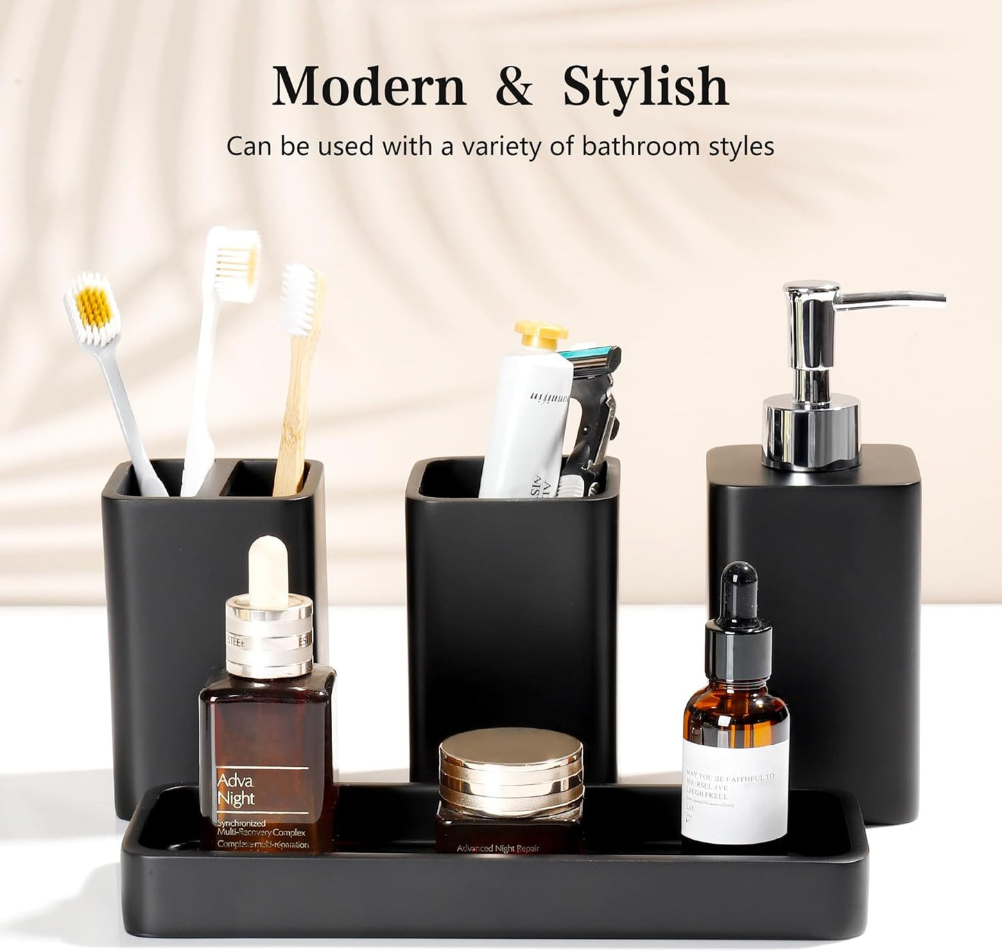Bathroom Accessories Set, 4 Pcs Bathroom Accessory Set, Soap Dispenser, Toothbrush Holder, Qtip Holder Set, Bathroom Sets Complete, Bathroom Sink Set for Modern Home Decor, Black