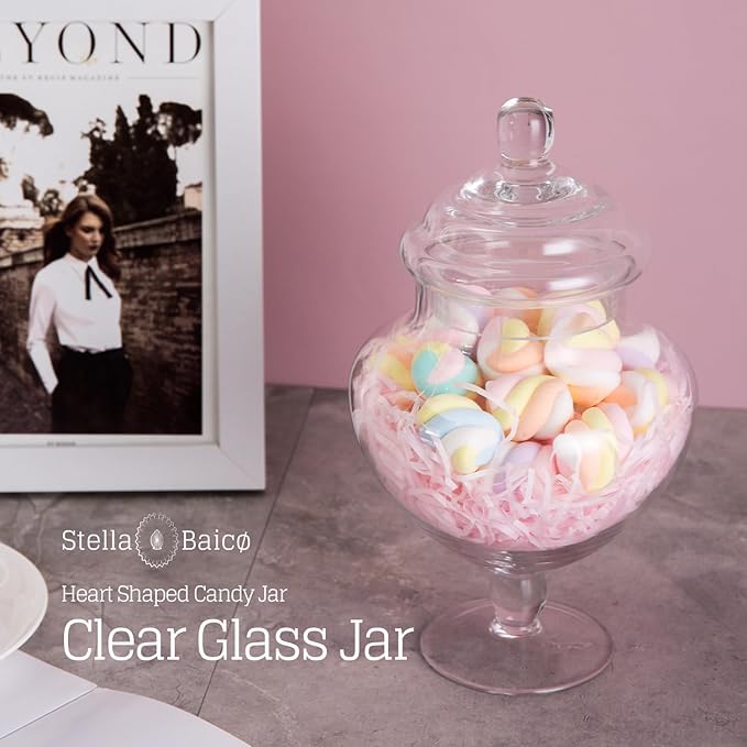 Stella Baic Small Heart-Shaped Glass Apothecary Jars with Lids, Clear, 28 Fl. Oz (9" H x 5" D), Perfect for Candy Buffet, Home Decor, Bathroom Storage, Wedding Party