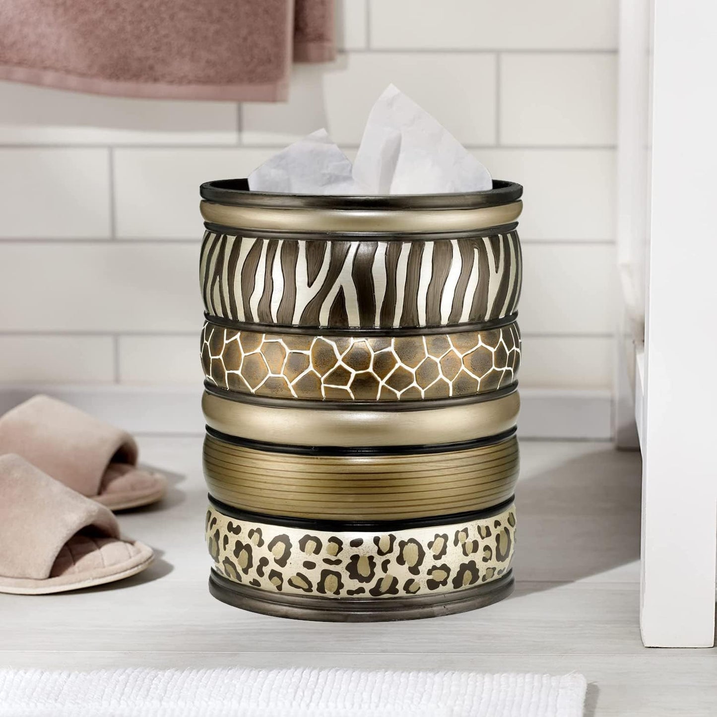 Zahari Home 2pc Safari Stripes Modern Bath Accessories Set Waste Basket & Tissue Box Modern Classic Contemporary Decorative Beautiful Designs Bathroom Decor Set for Home Luxury Bathroom Sets