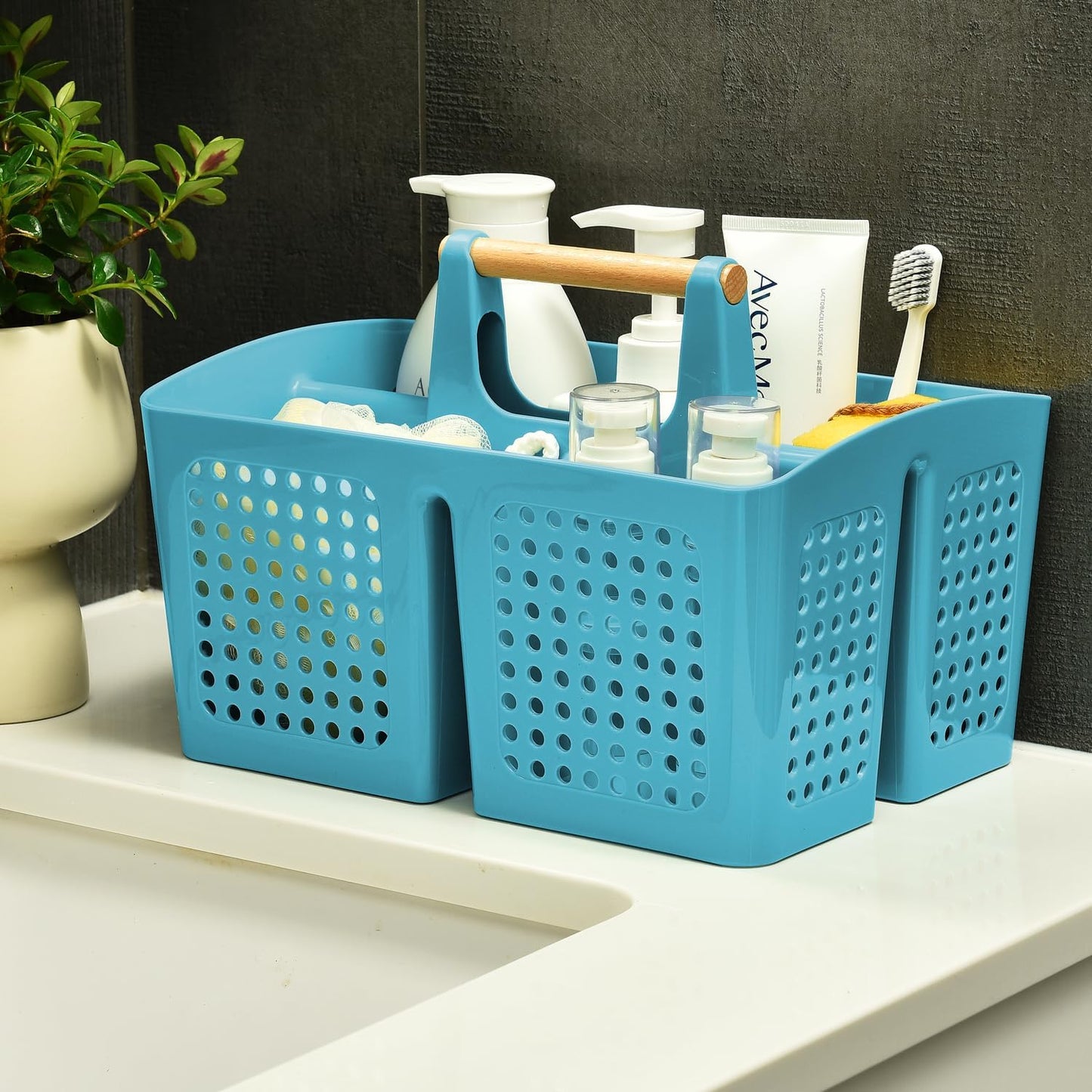 Portable Shower Caddy Basket with Compartments, Plastic Divided Cleaning Caddy Organizer Storage Tote with Handle for Bathroom, College, Dorm Room Essentials, Green