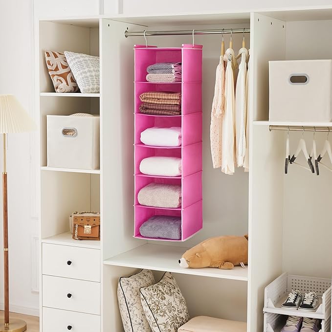 MAX Houser 6-Shelf Hanging Closet Organizer, Hanging Storage Shelves with 2 Sturdy Hooks Space-Saving for Bedroom, Foldable (Pink)