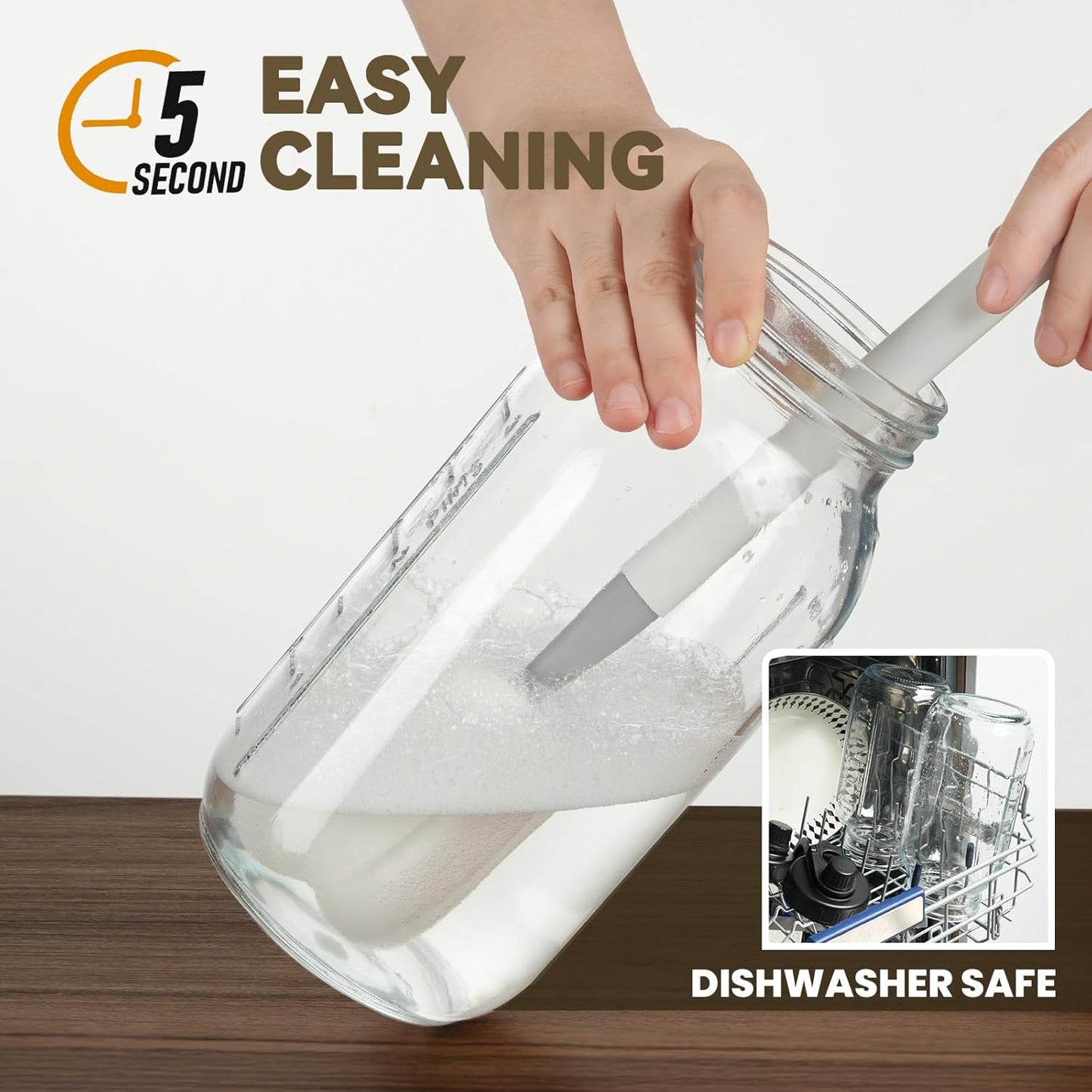 2 Pack Airtight Glass Pitcher with Lid for Fridge (Anti Cross-Odor) -Heavy Duty Leakproof Mason Jar Pitcher with Spout, Water Jug for Juice Coffee/Sun Tea + Mixing Spoon, Brush, Labels -2 Qt/64 Oz