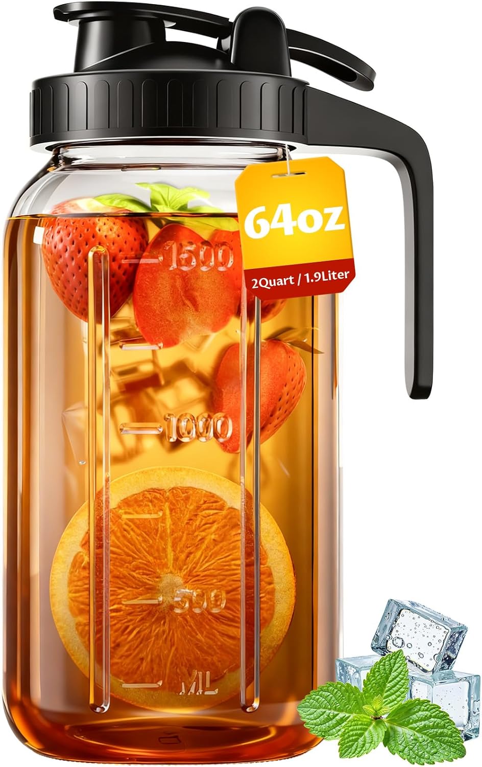 64 oz Mason Jar Pour Spout, 2 Quart Glass Water Pitcher with Lid, Airtight Seal for Great for Iced Tea,Juice,Milk,Coffee,Sun Lemonade, Set of 1(Black)