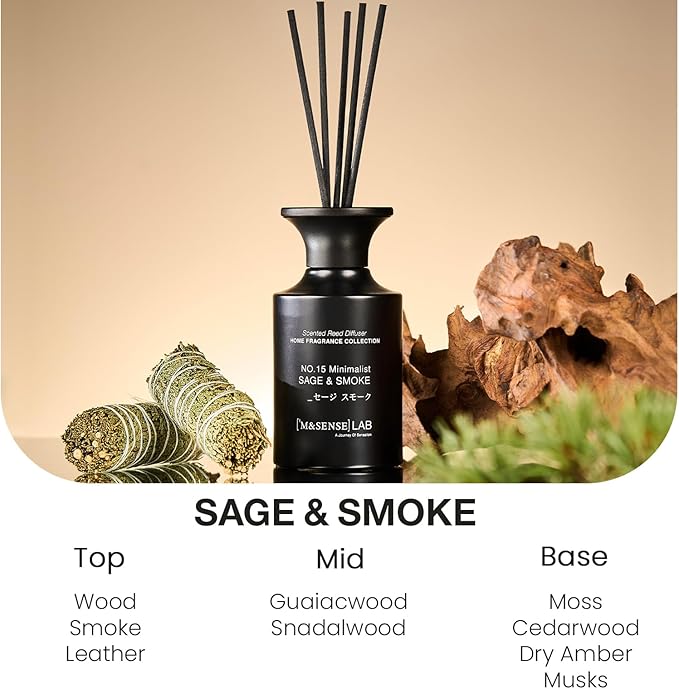 M&SENSE Minimalist Large Reed Diffuser 300ml, Sage & Smoke Scented with Natural Essential Oils, Long Lasting with 7 Sticks, Non-Toxic Home Fragrance for Bedroom, Bathroom Decor