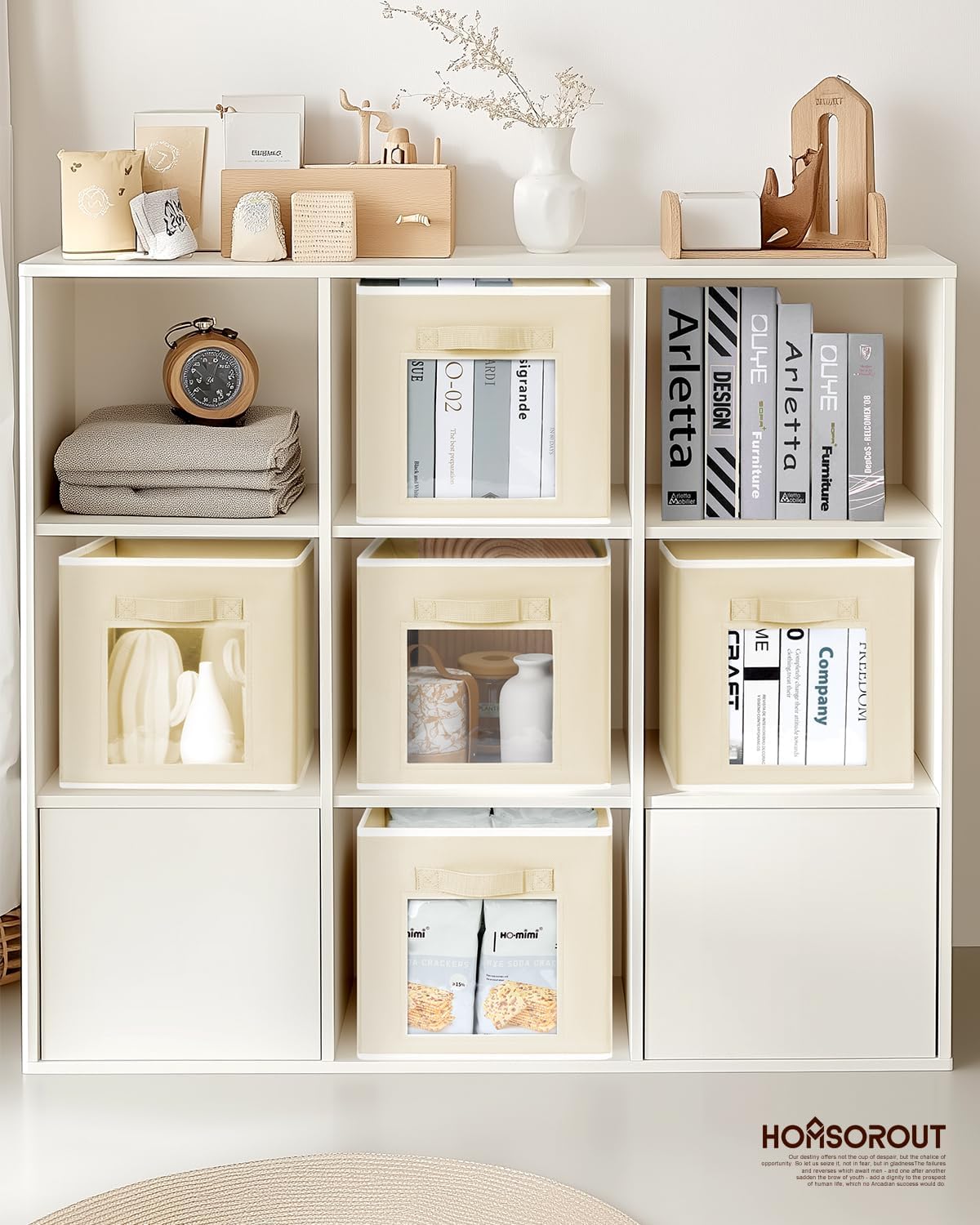 Foldable Storage Cubes - Square Organizer with Window, Decorative Baskets for Organizing, Fabric shelf Basket for Clothes, 11 Inch Closet Storage Cubes, Set of 16, Beige