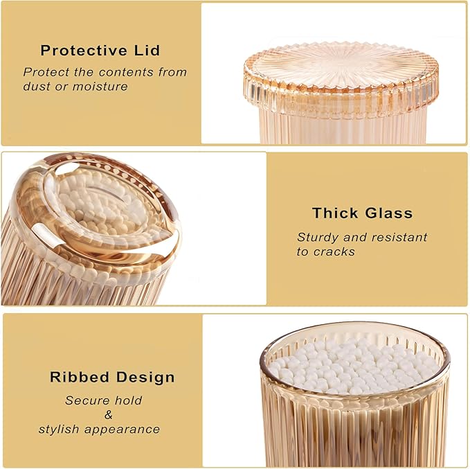 2 Pack Glass Qtip Holder Dispenser Set - Bathroom Organizer for Cotton Swabs, Balls, Pads, Floss Picks - Clear Apothecary Jars for Vanity, Makeup Storage, Bathroom Accessories Decor (Amber)