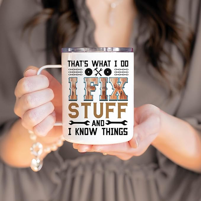 Hyturtle Dad Mug With Lid & Spoon Gifts from Son Daughter, 12oz Insulated Stainless Steel, Funny Christmas Birthday Gifts For Mechanic Dad Father, Unique Gift Ideas For Him Men Coffee Tea Mug Cup