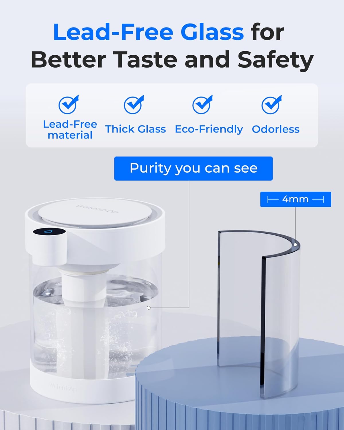 Waterdrop Zero TDS Glass Electric Countertop Water Filter Dispenser, Large 22-Cup, 4-Stage Instant Water Filtration System Rechargeable, Reduce Chlorine, Lead, Copper, with 1 Filter