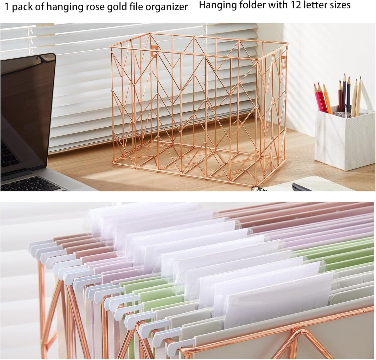 Hanging rose gold file organizer with 12 letter sized hanging folders, file basket, file box, storage box, office and school supplies