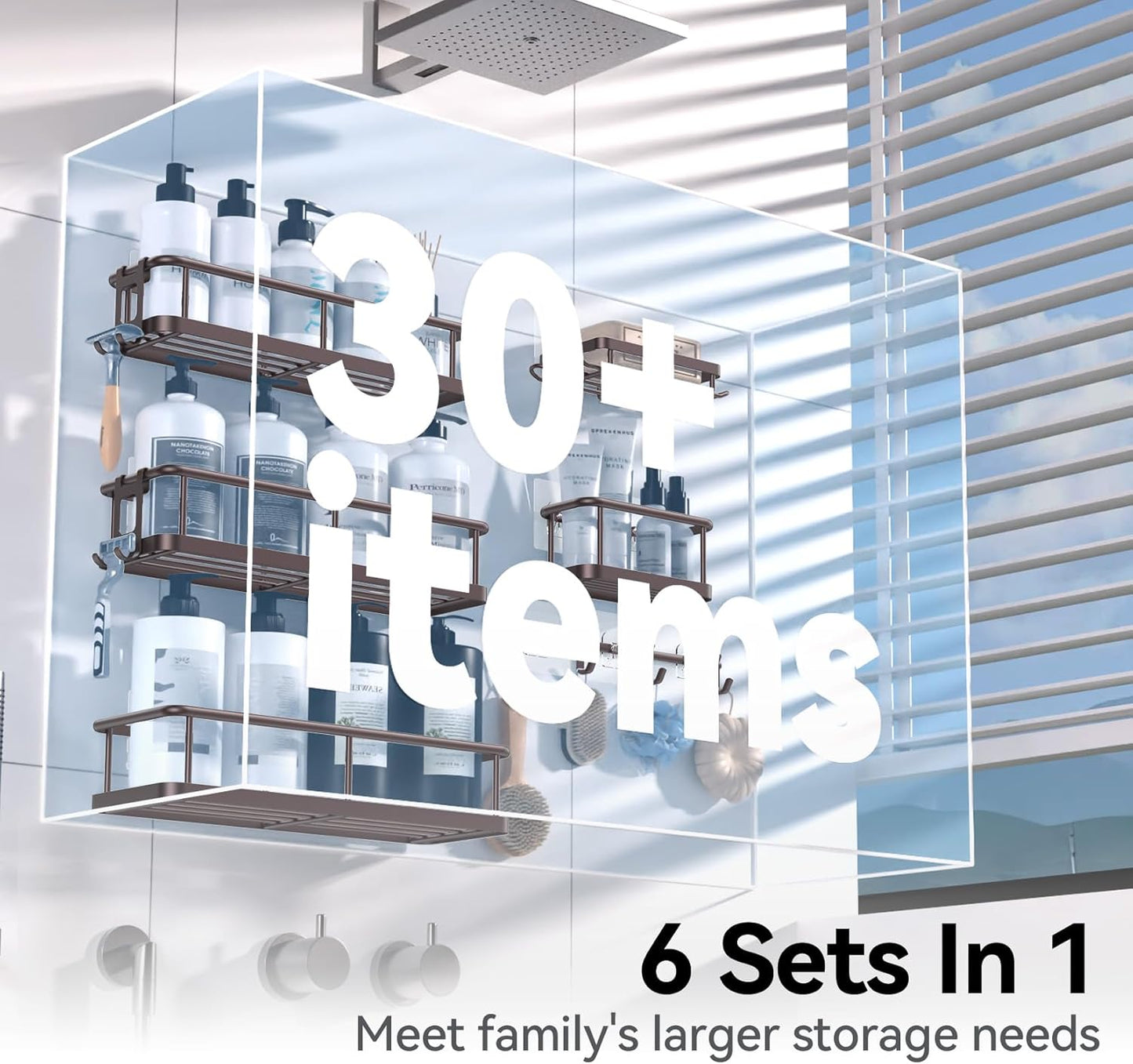 YASONIC Shower Caddy, 6 Pack Large Capacity shower Organizer with Soap Holder and 12 Hooks, Rustproof Shower Shelves for Inside Shower, No Drilling&Sleek Bathroom Organizers and Storage Bronze