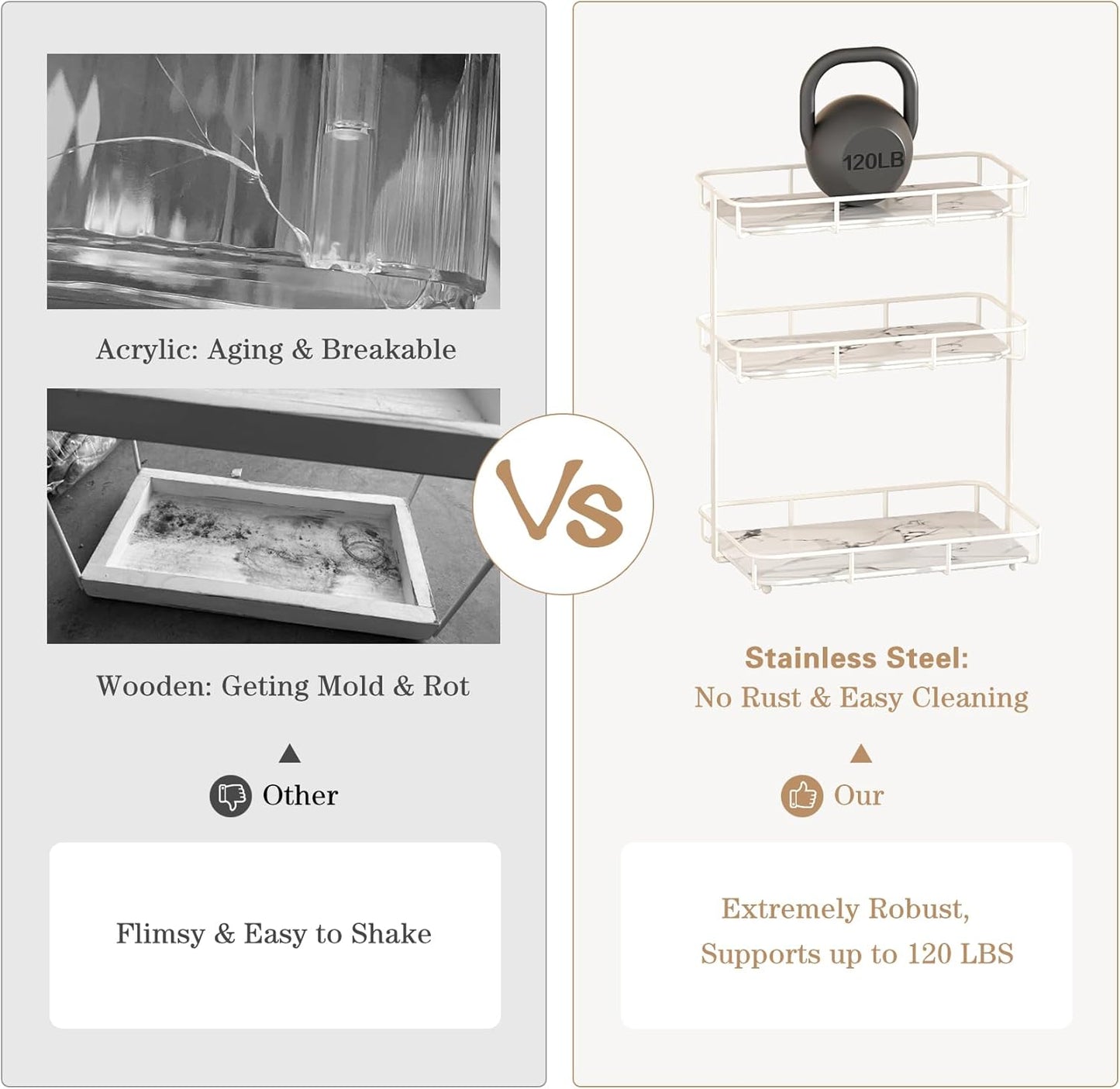 Bathroom Organizer Countertop Perfume Organizer Makeup Organizer Cosmetics Storage Display Rack Vanity Tray Dresser Stainless Steel Gold Shelf White Marble Ceramic Tray