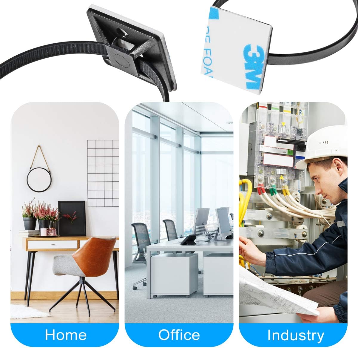 200pcs 3/4" Back-Glue Self Adhesive White Strong Cable Zip Tie Mounts with 8" Ties, Screws, Outdoor Sticky Wire Fasteners Cable Clips Management Anchors Organizer Holders Squares