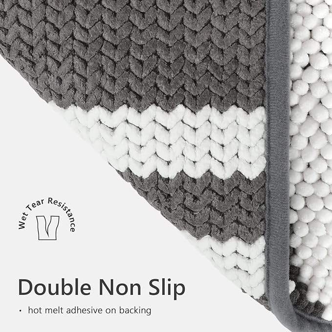 Tindbea Bathroom Rugs Set 2 Piece, Extra Soft and Absorbent Fluffy Striped Chenille Bath Mat Rug Set, Non Slip Bathroom Floor Mat, Machine Washable (20" x 32" Plus 16" x 24", Dark Gray)