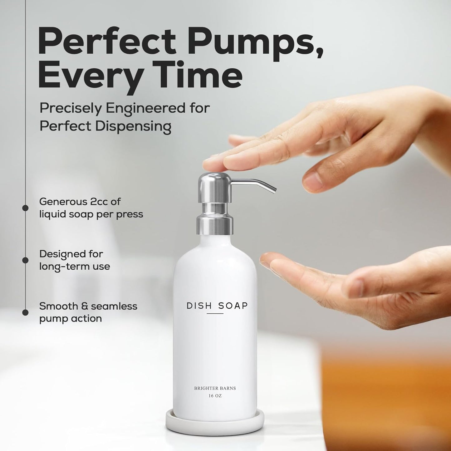 White Glass Dish Soap Dispenser for Kitchen Sink by Brighter Barns - Modern Kitchen Soap Dispenser Set - Refillable Glass Bottle with Pump - Neutral Minimalist Home Decor in Airbnb, Restaurant (White)