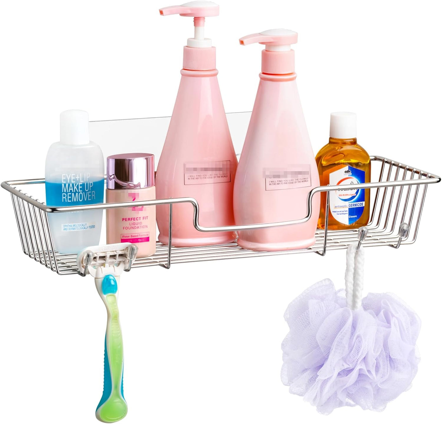 iPEGTOP Adhesive Shower Caddy Bathroom Shelf Storage with Hooks for Shampoo Conditioner Holder Kitchen Organizer Basket, No Drilling Wall Mounted, Rustproof Stainless Steel