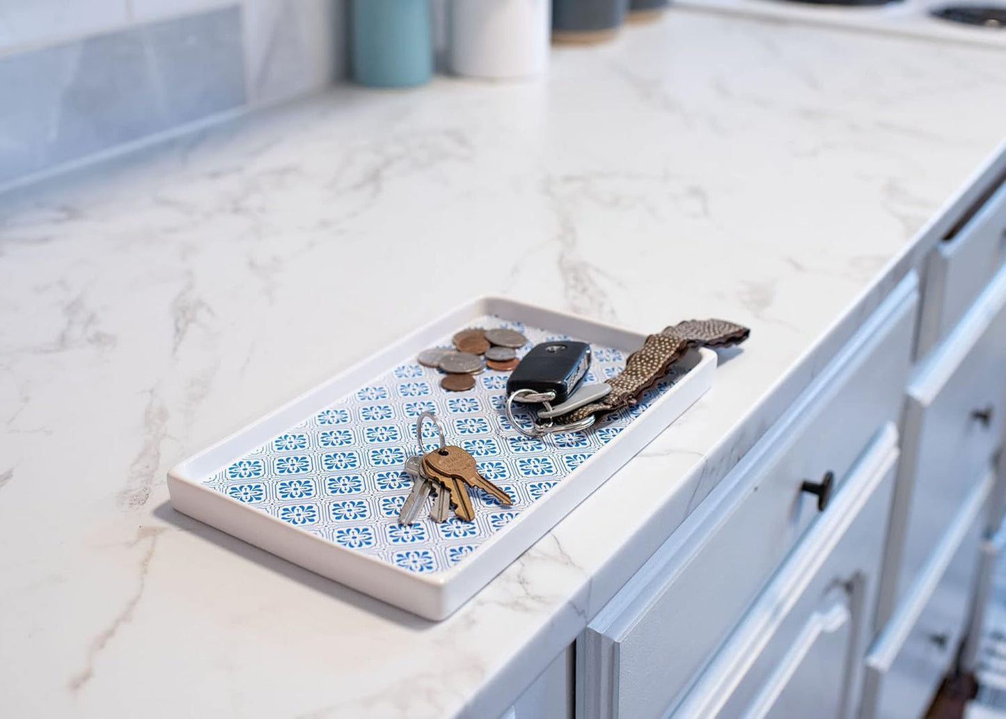 NAT & Jules 10 x 6 Ceramic Stoneware Vanity Tray - Perfect Bathroom or Kitchen Counter Organization Décor: Sponge Holder, Soap Dish, Jewelry and Perfume Tray, Patterned Blue