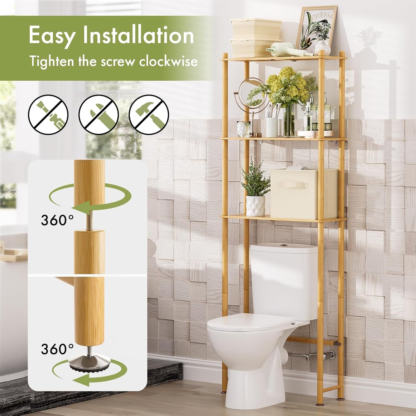 AmazerBath Over The Toilet Storage Bamboo, 3-Tier Over Toilet Organizer Rack with 2 Fabric Storage Bins, Freestanding Toilet Shelf for Bathroom Laundry Space Saver, Natural Color