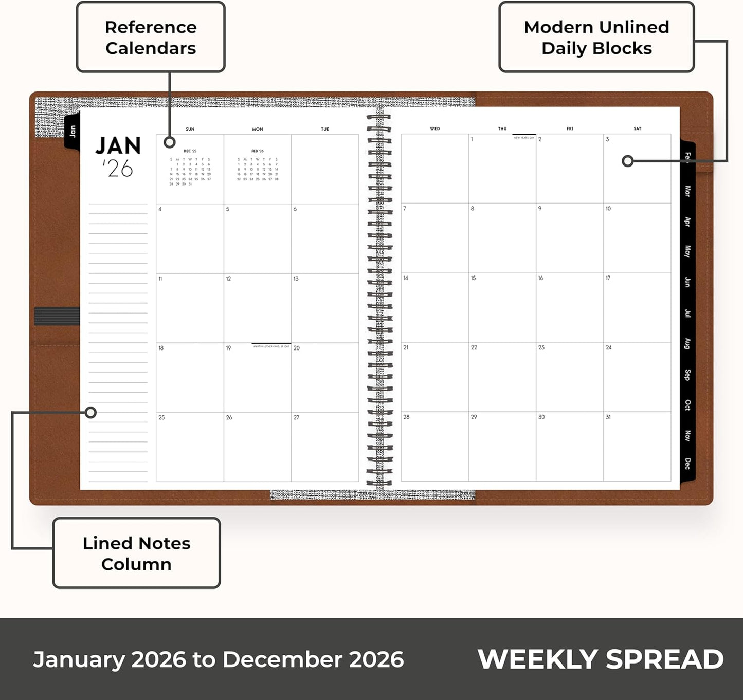 Blue Sky ASMBLD 2026 Weekly and Monthly Planner Calendar, January 2026 - December 2026, 8.5" x 11", Faux Leather Cover, Durable Twin Wire Binding, Storage Pocket, Laminated Tabs, Refillable, Pen Loop, Tan