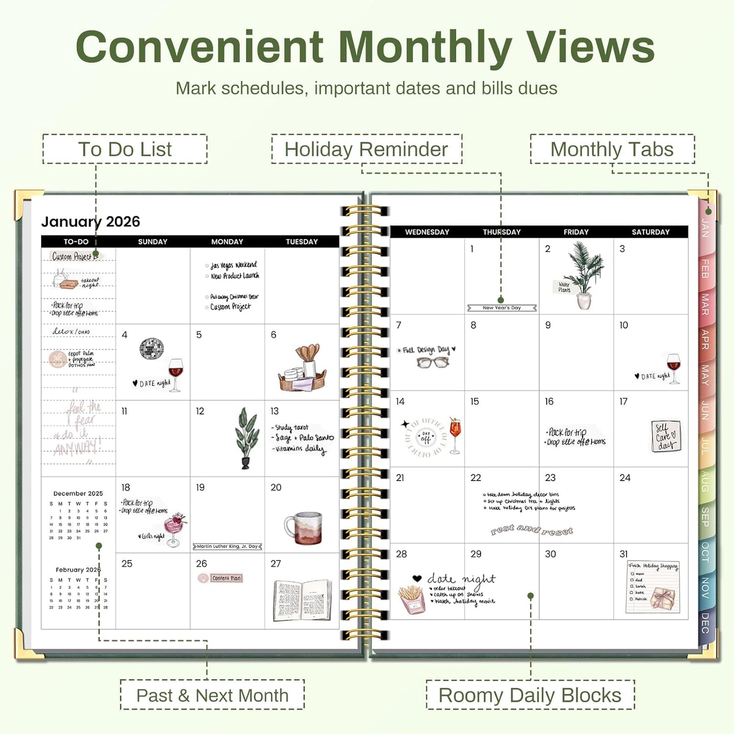 2026 Planner Hardcover Weekly & Monthly Calendar Planner for Women Jan 2026 - Dec 2026 8.5" x 11" Daily Agenda Book with Tabs Spiral Bound Inner Pocket Perfect for School Office, Green(Rose)
