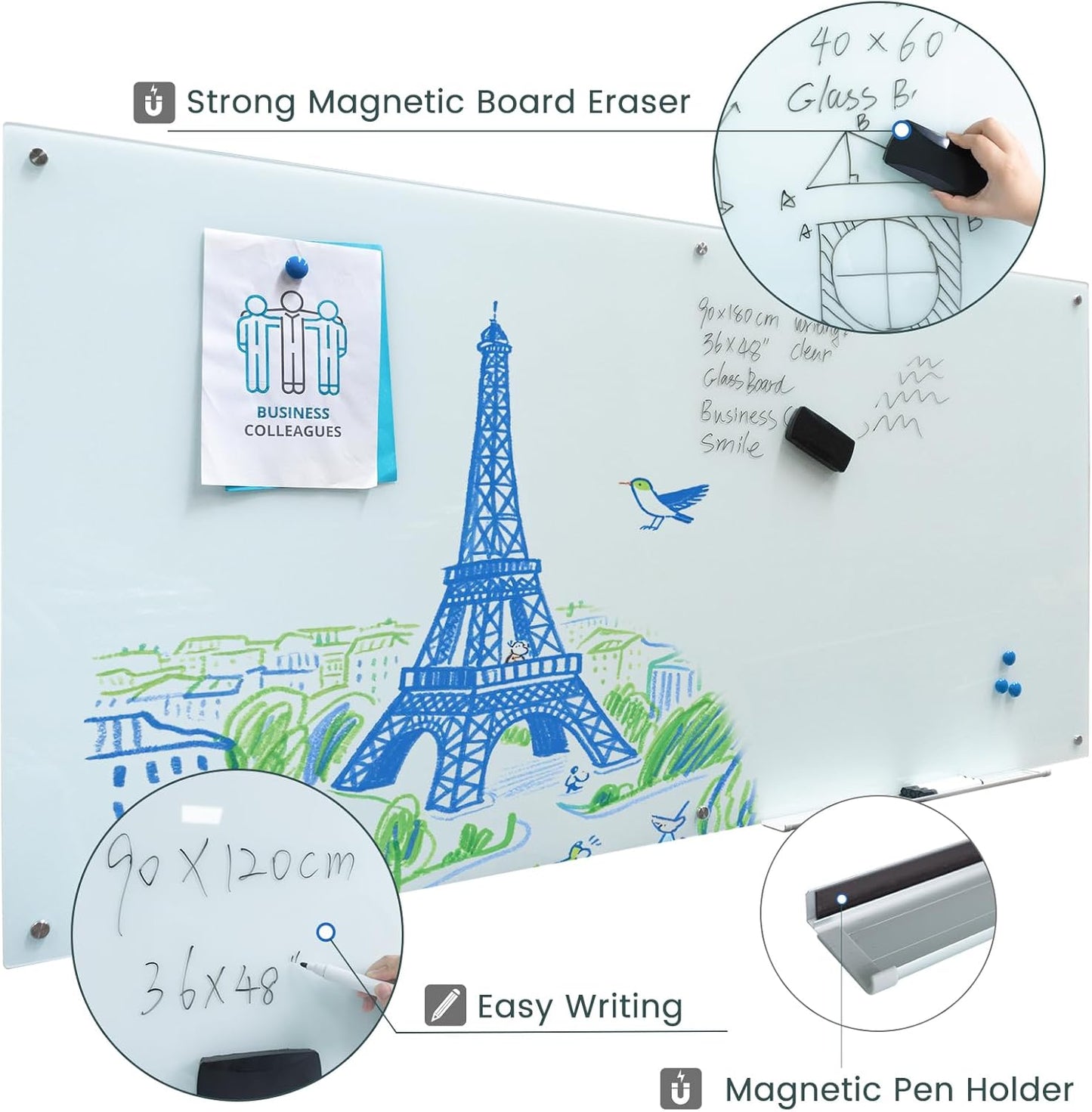 Magnetic Glass Dry Erase Board Frameless Wall Mounted White Board 40 * 72 WritingBoard Large Glass Board for Office School Home Accessory Tray, 3 Dry Erase Marker,4 Magnets and 1 Magnetic Eraser
