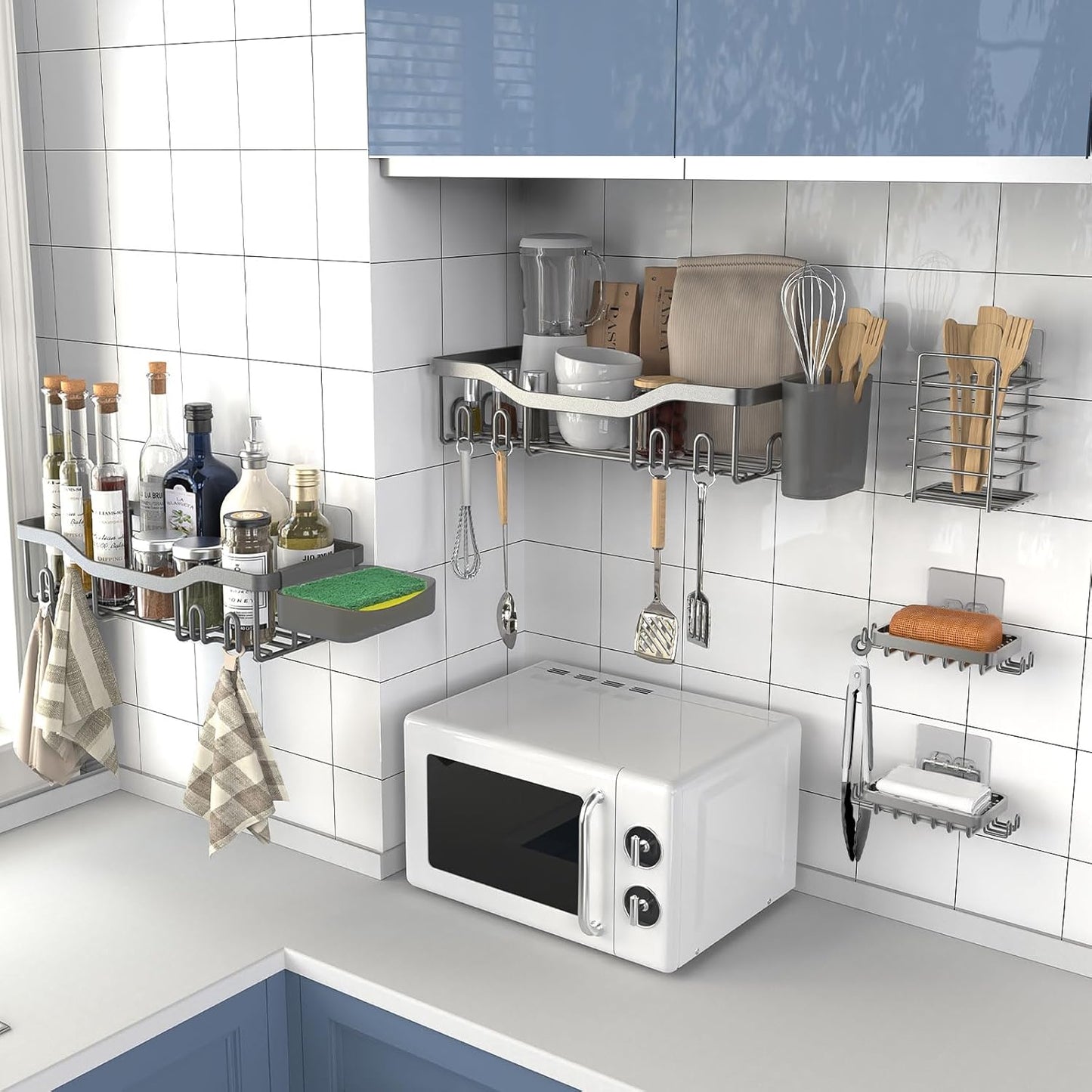 Shower Caddy Adhesive Shower Organizer 7-Pack, Rustproof Stainless Steel Bathroom Shelves, Large Capacity No-Drill Rack Storage Accessories with Soap Dish Toothbrush Holder Hooks (Gray)