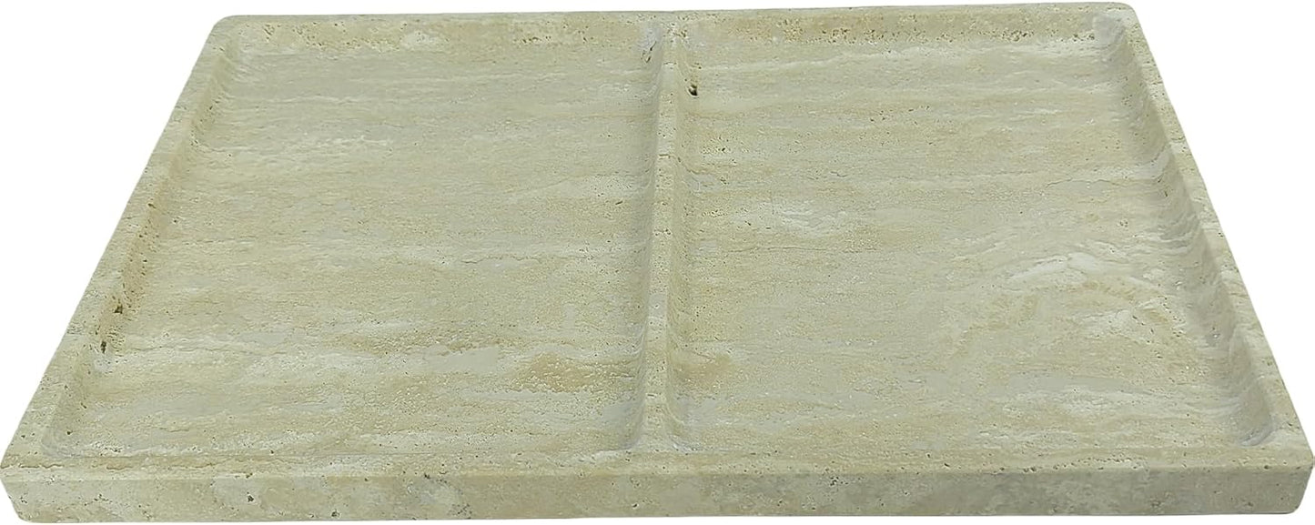 11.81"x7.87" Roman Travertine Decorative Tray - 2 Compartments Functional Storage Vanity Organizer for Bathroom Kitchen Office, Beige