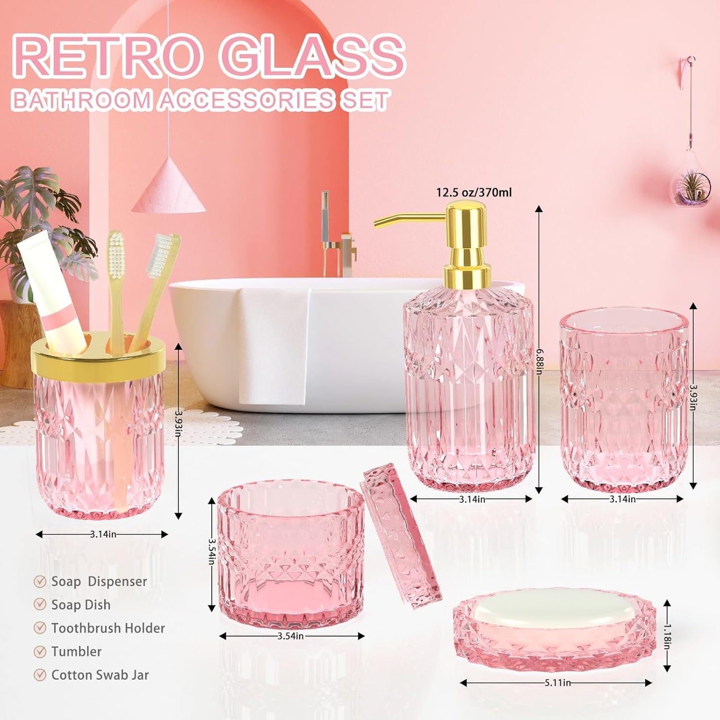 Pink Bathroom Accessories Set, 5Pcs Clear Glass Pink Bathroom Decor with Lotion Soap Dispenser, Soap Dish, Tumbler, Cotton Swab Jar, Toothbrush Holder for Bathrooms Set Modern Crystal Vintage Gift