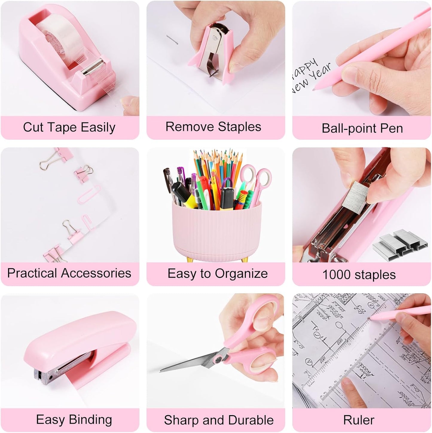 Desk Organizers and Accessories Set with 360-Degree Rotating Pen Holder, Tape Dispenser, Stapler, Staple Remover, 1000 Staples, Tape, Clips Set, Ruler, Scissor, Pen