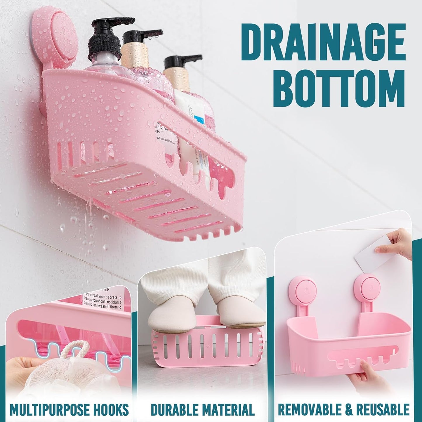 TAILI Shower Caddy Suction Cup 2 Pack, Heavy Duty Bathroom Organizer, Removable Shelves for Inside Shower, Shampoo, Waterproof Suction Plastic Storage for Bathroom Accessories Holder, Pink