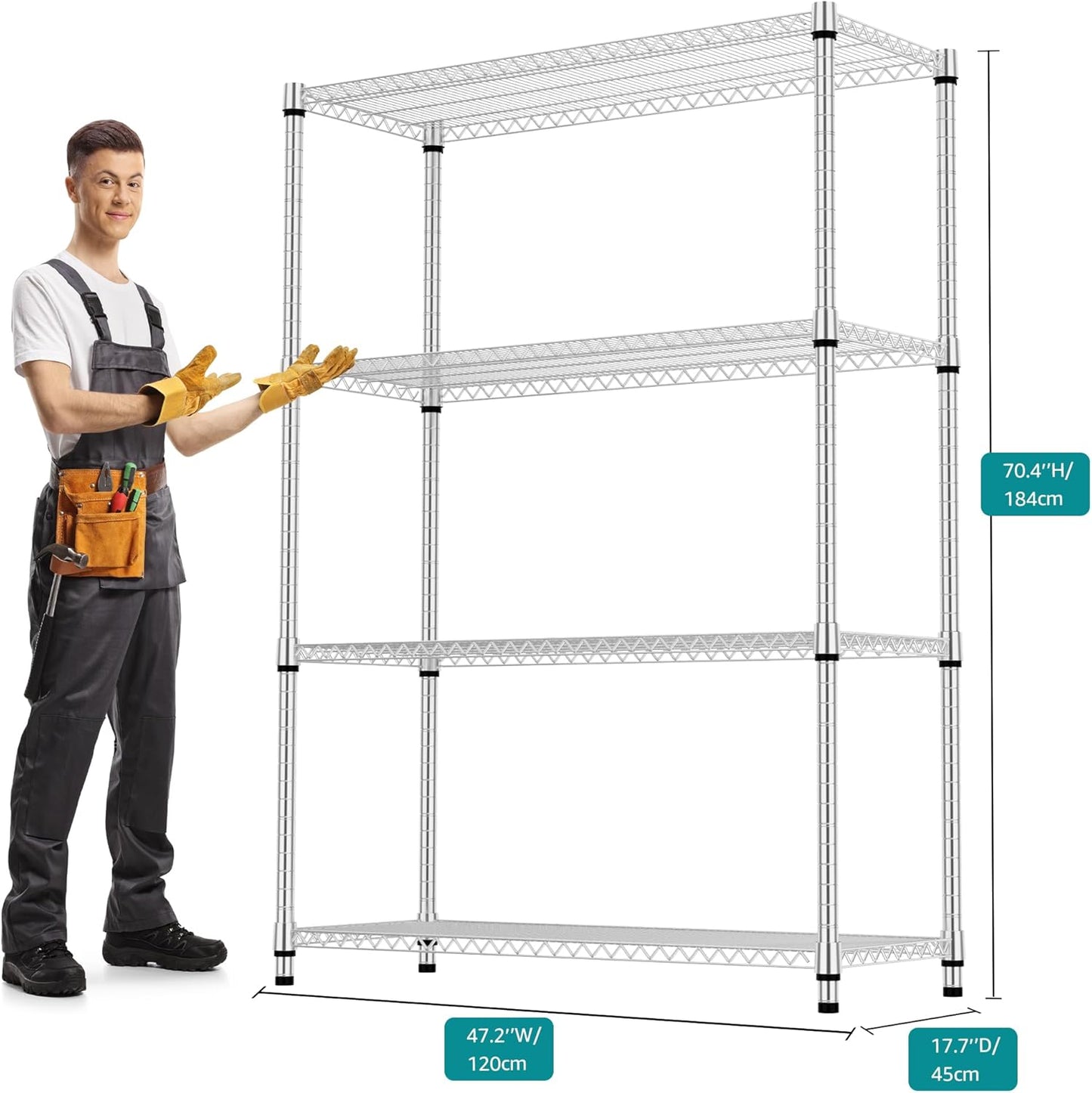 4 Tiers Shelf Metal Storage Shelves 2640 lbs Steel Storage Shelving Utility Shelving Unit Steel Organizer Wire Rack for Home,Kitchen,Office,Garage Chrome 17.7" D x 47.2" W x 70.3" H