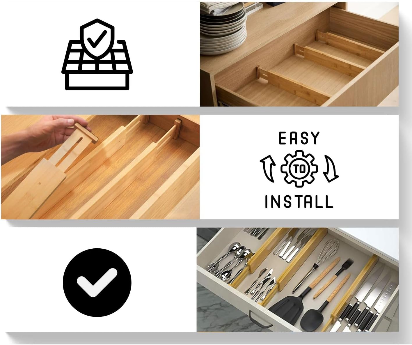 Expandable Bamboo Drawer Dividers 8 pack with labels(17"-22") Drawer Organizer for Kitchen, Clothes,Utensils,Silverware,Dresser,Office,Desk