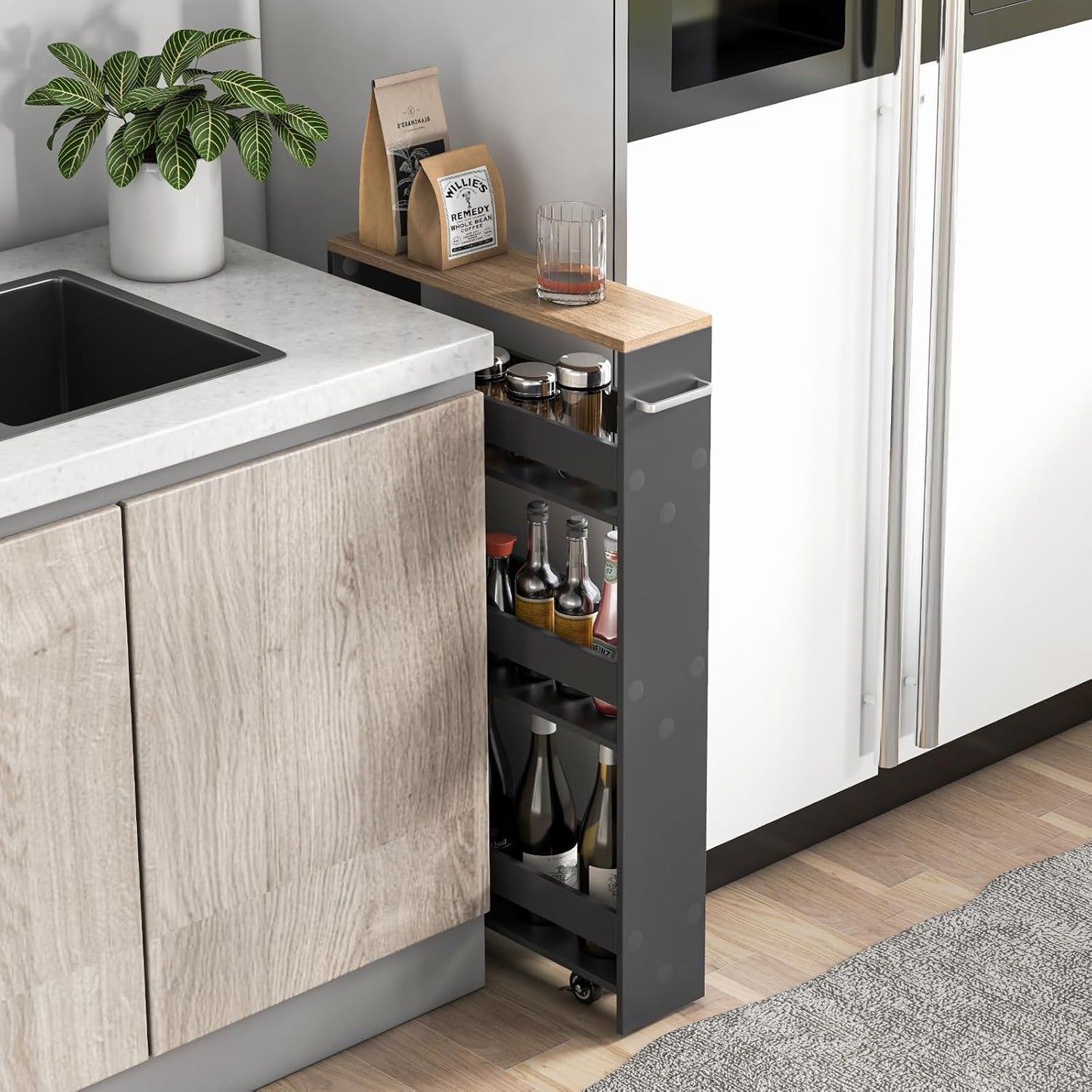 LOKO Slim Storage Cart, 4-Tier Rolling Cart with Handle & Wooden Top for Kitchen Bathroom Laundry Living Room Narrow Small Spaces, 5 Inches Width (Grey & Natural)