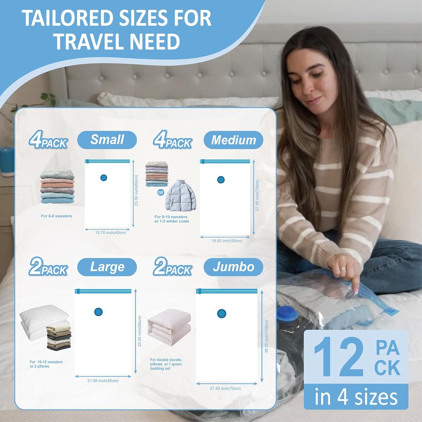 Cozy Essential Travel Vacuum Storage Bags with Portable Electric Pump, Vacuum Seal Space Saver Bags for Clothing and Luggage, 12 Pack