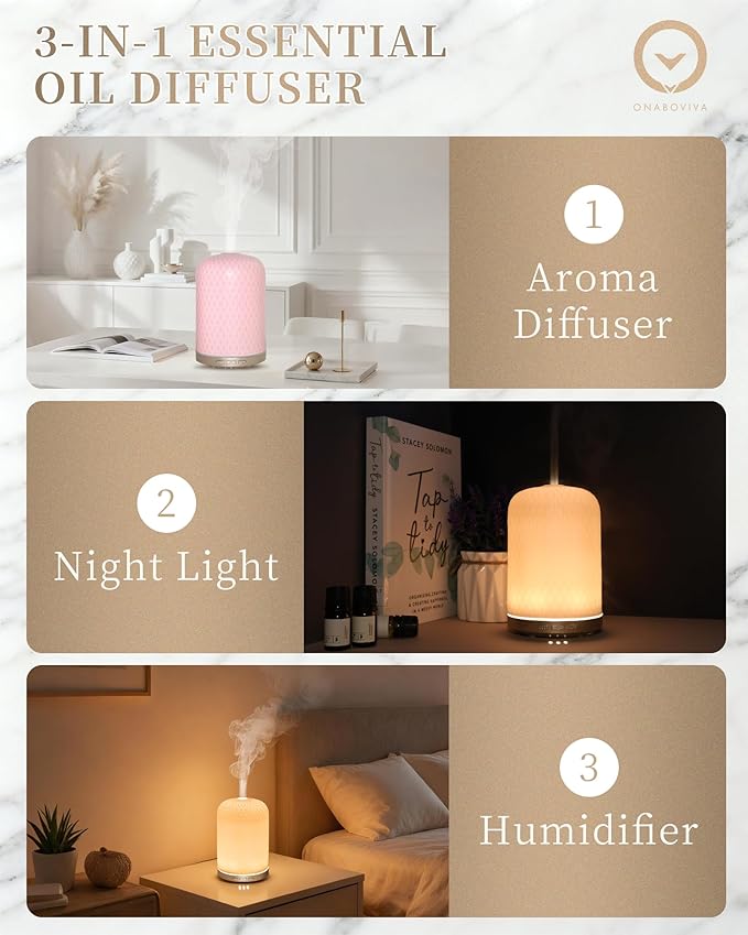 Essential Oil Diffuser for Home, 120ML Diffusers for Essential Oils Large Room, Ceramic Diffuser with USB Cable, Warm Ambient Light, Aromatherapy Diffuser Home Decor, Gift Choice, Pink