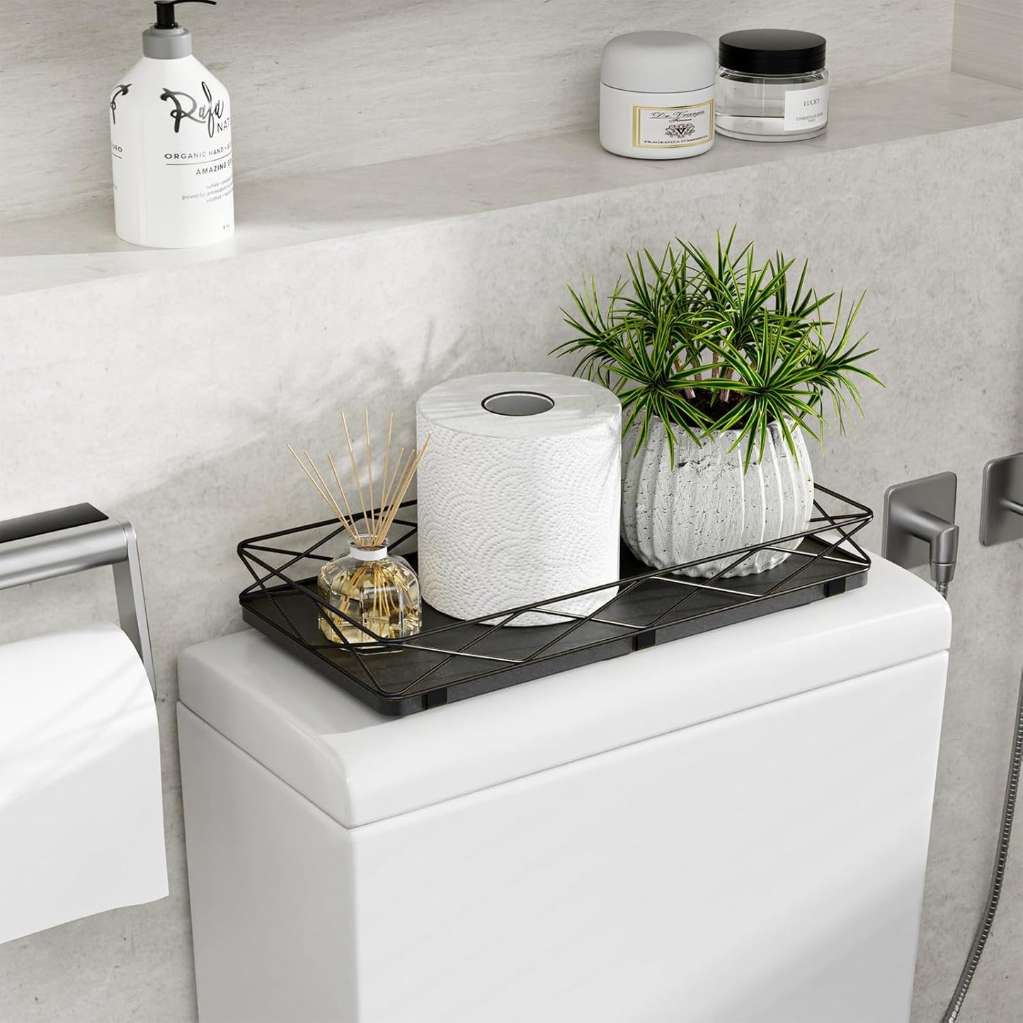 Toilet Paper Basket Holder, 13" Bathroom Tray Countertop, Wood and Metal Toilet Tank Tray Bathroom Vanity Organizer for Toiletry, Kitchen Sink Organizer for Soap Dispenser (Black)