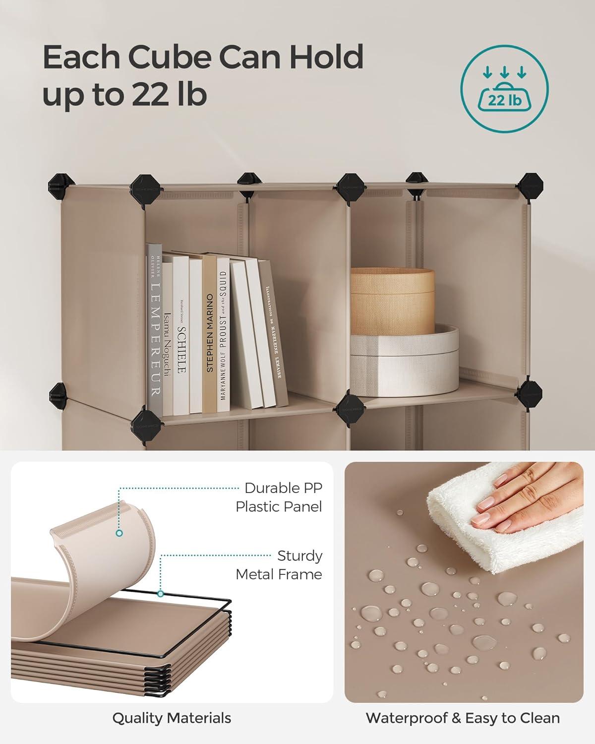 SONGMICS Cube Storage Organizer, Set of 16 Plastic Cubes, Book Shelf, Closet Organizers and Storage, Room Organization, Bedroom Living Room, 12.2 x 48.4 x 48.4 Inches, Camel Brown ULPC442K01