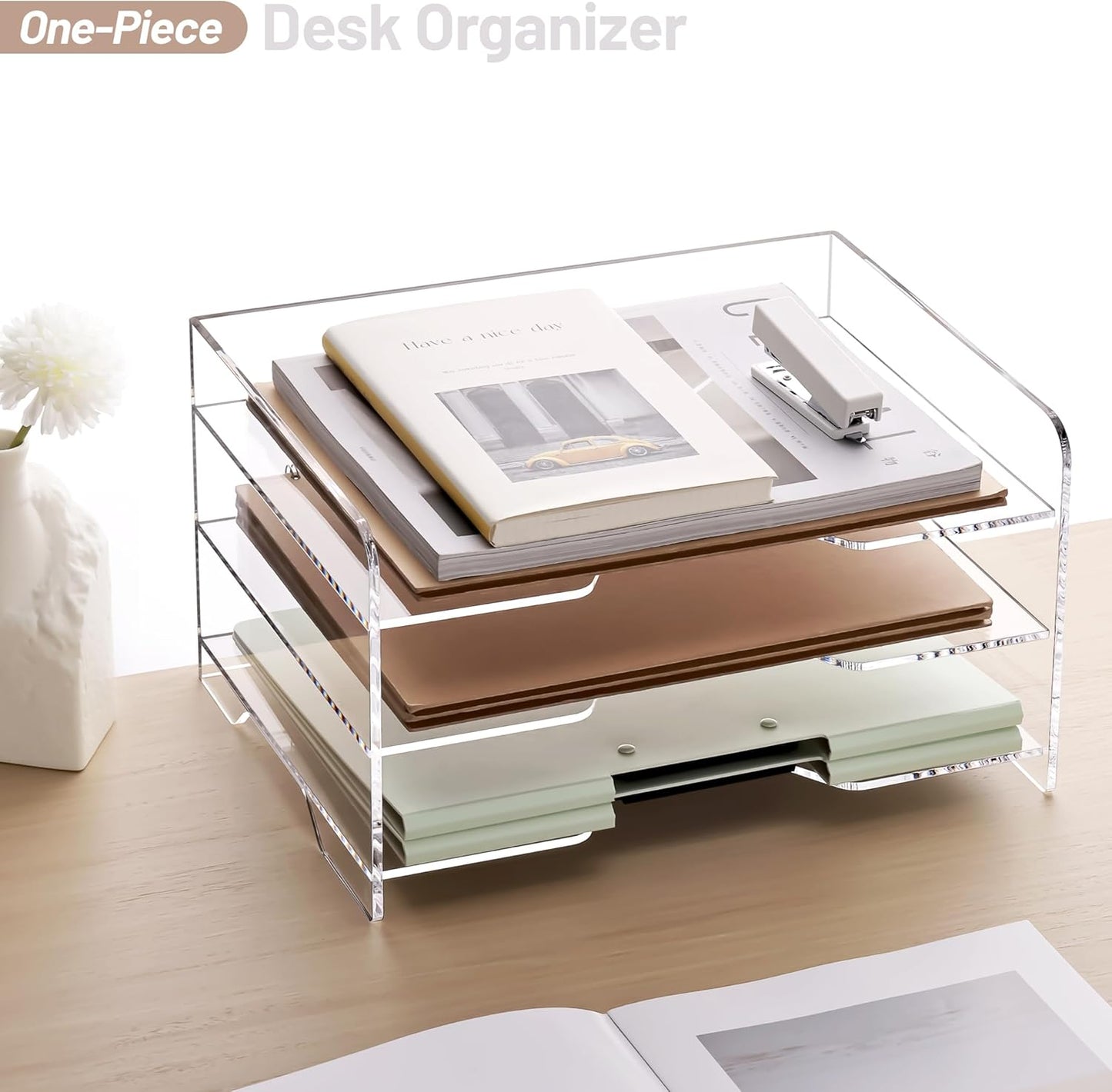 SANRUI Paper Letter Tray Organizer 3 Tier Acrylic Desk File Organizer with Bottom Handle, Paper Sorter Organizer for Letter/A4 Office Organization,Clear