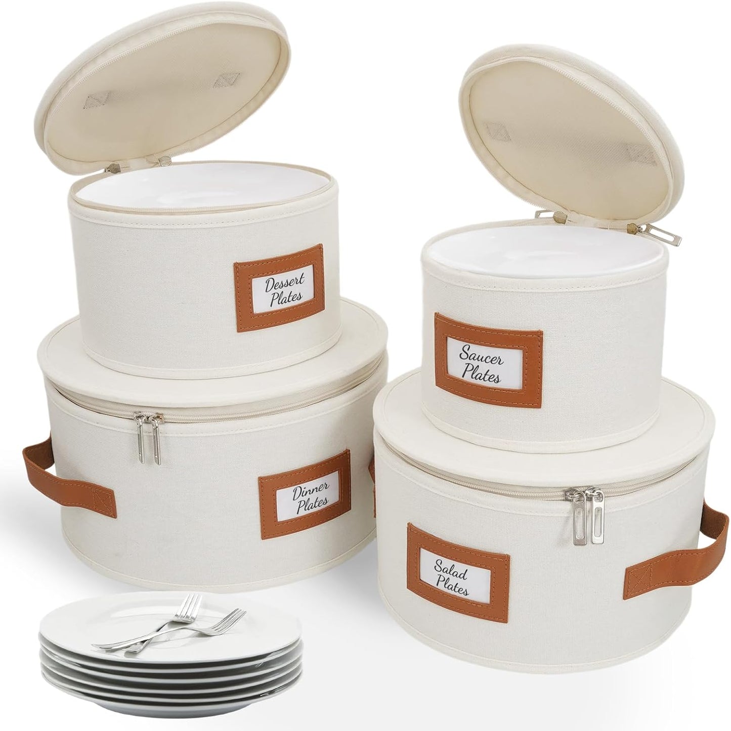 HOMELUX THEORY Plate Storage Box, 4pc Ivory Hard Shell China Storage Containers with 48 Felt Pads, Kitchen Storage Bins With Lids, Moving Box with Handles for Dishes, Dinner Plate & Platter