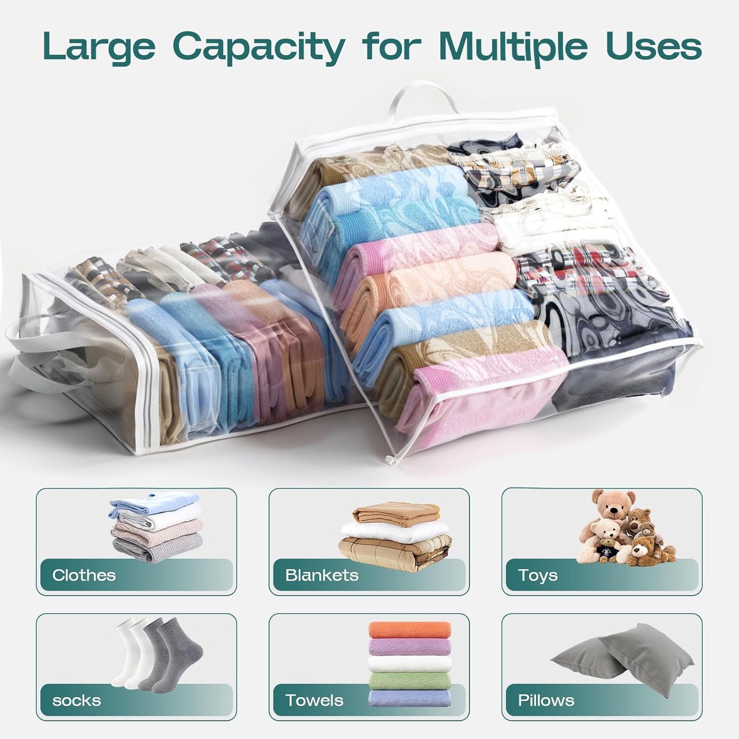 10PACK Clear Zippered Storage Bags for Clothes, 22L Closet Organizers Bag, and Blanket Storage Bags for Bedding, Linen, Blankets, Comforters, Clothing & Toys (White)