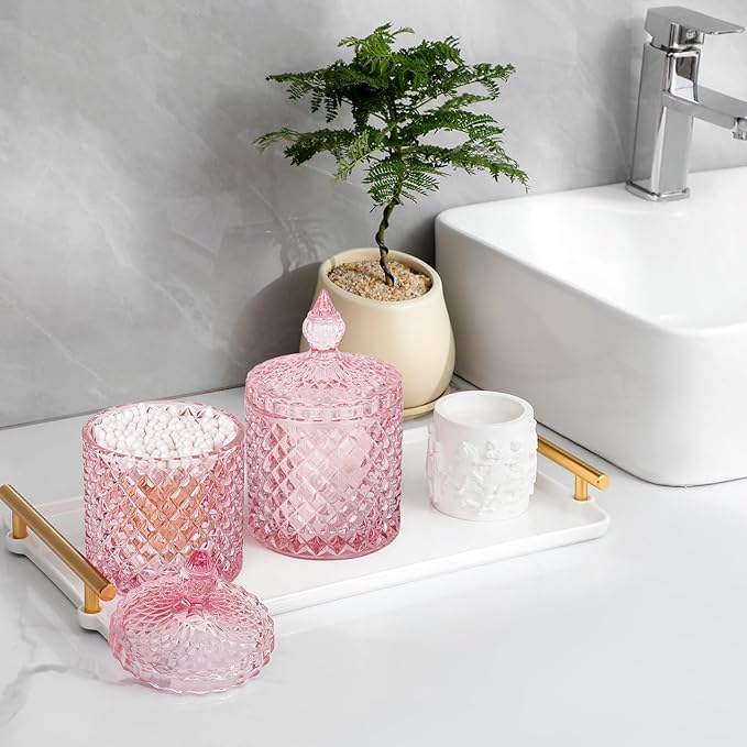 rejomiik 2 Pack Qtip Holder Thick Glass Apothecary Jars with Lid for Bathroom Decor Storage Organizer for Cotton Swabs, Balls, Pads, Floss Picks, Candy, Jewelry, Pink