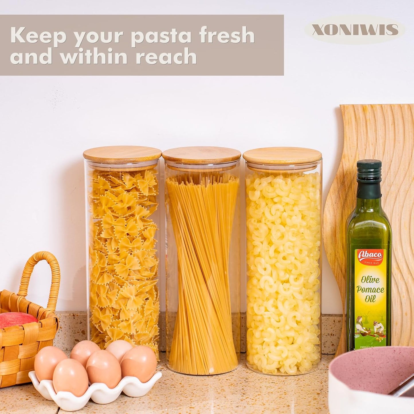 70oz 3PCS Round Spaghetti Pasta Storage Containers with Lids, Tall Pantry Containers, Glass Tight Food Storage Jars with Lids for Penne, Macaroni, Lasagna, Fusilli, Cereal, Flour, Oats