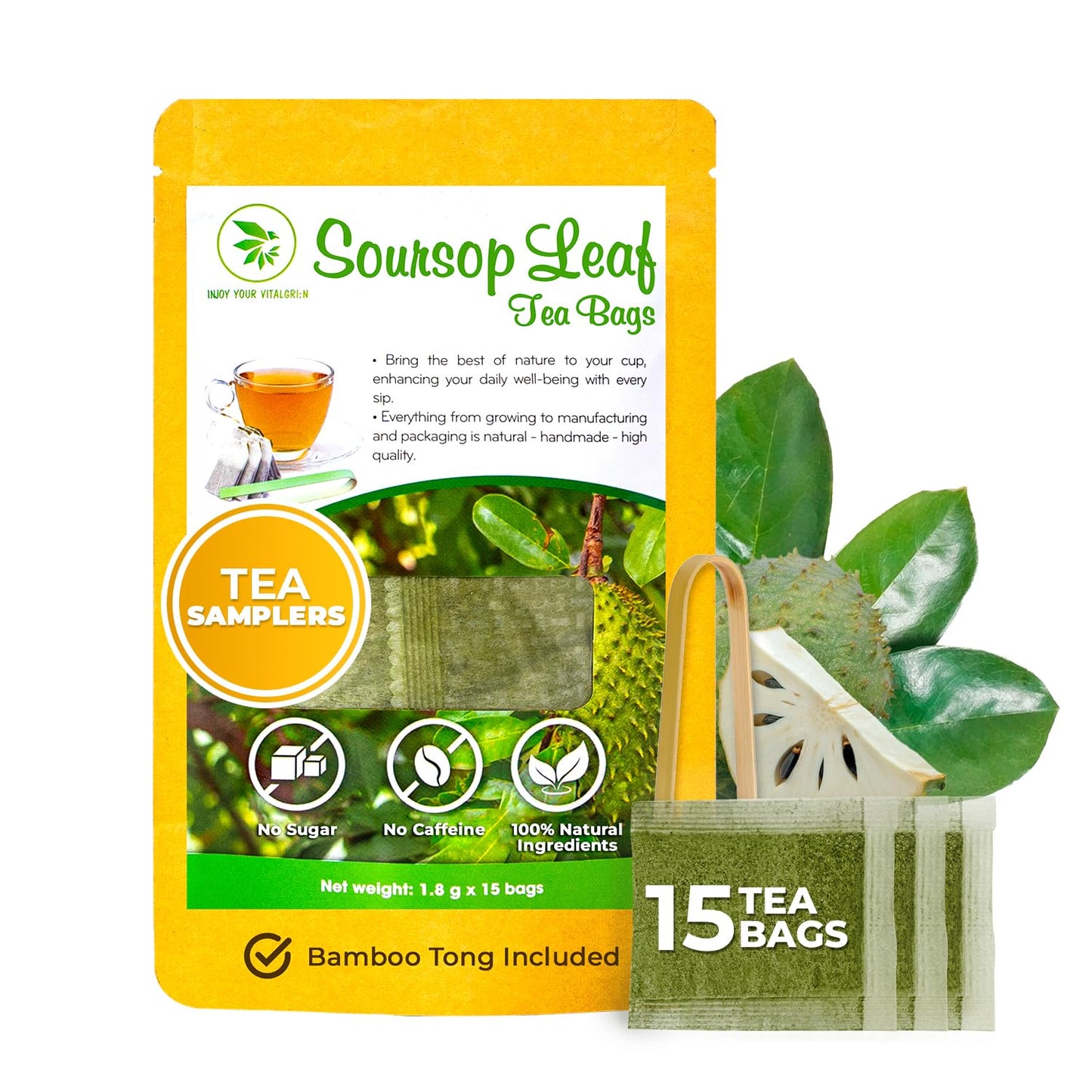 Soursop Graviola Leaf Tea Samplers - 15 Count, Bamboo Tong Included, No Sugar Added, No Caffeine, Re-Steep Morning Herbal Detox Tea for Relax & Refreshing, Hoja De Guanabana Mini Tea Bags